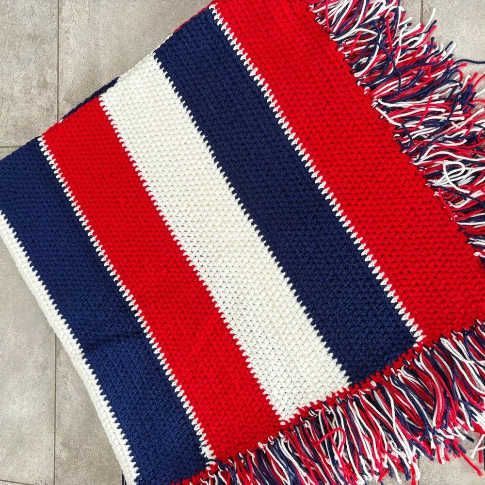 Red White Blue Striped Crochet Throw Blanket Fringe American Patriotic Boho Knit